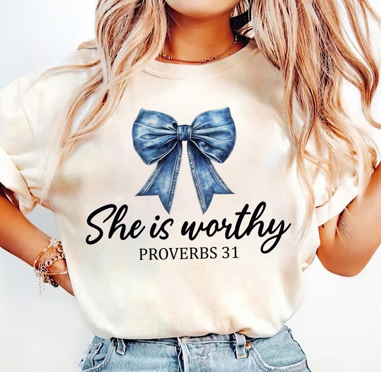 DTF- She is Worthy- Denim Croquette - Adult