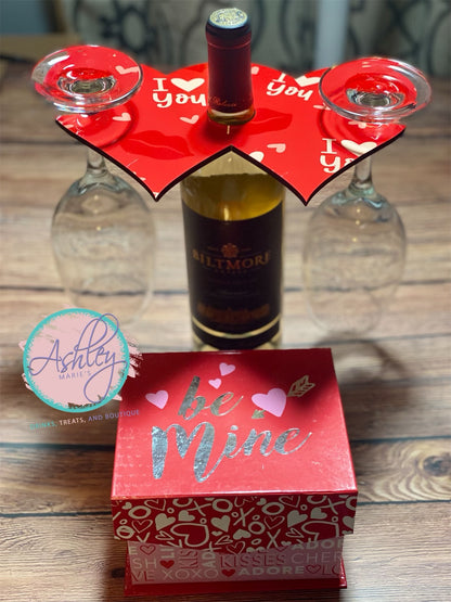 Heart Wine Caddy and Etched Wine Glasses